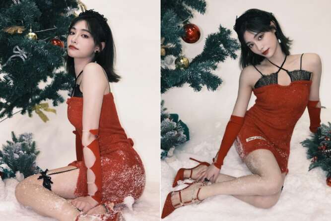 许佳琪晒圣诞照片，秀细白腿，大腿一圈黑丝好性感！