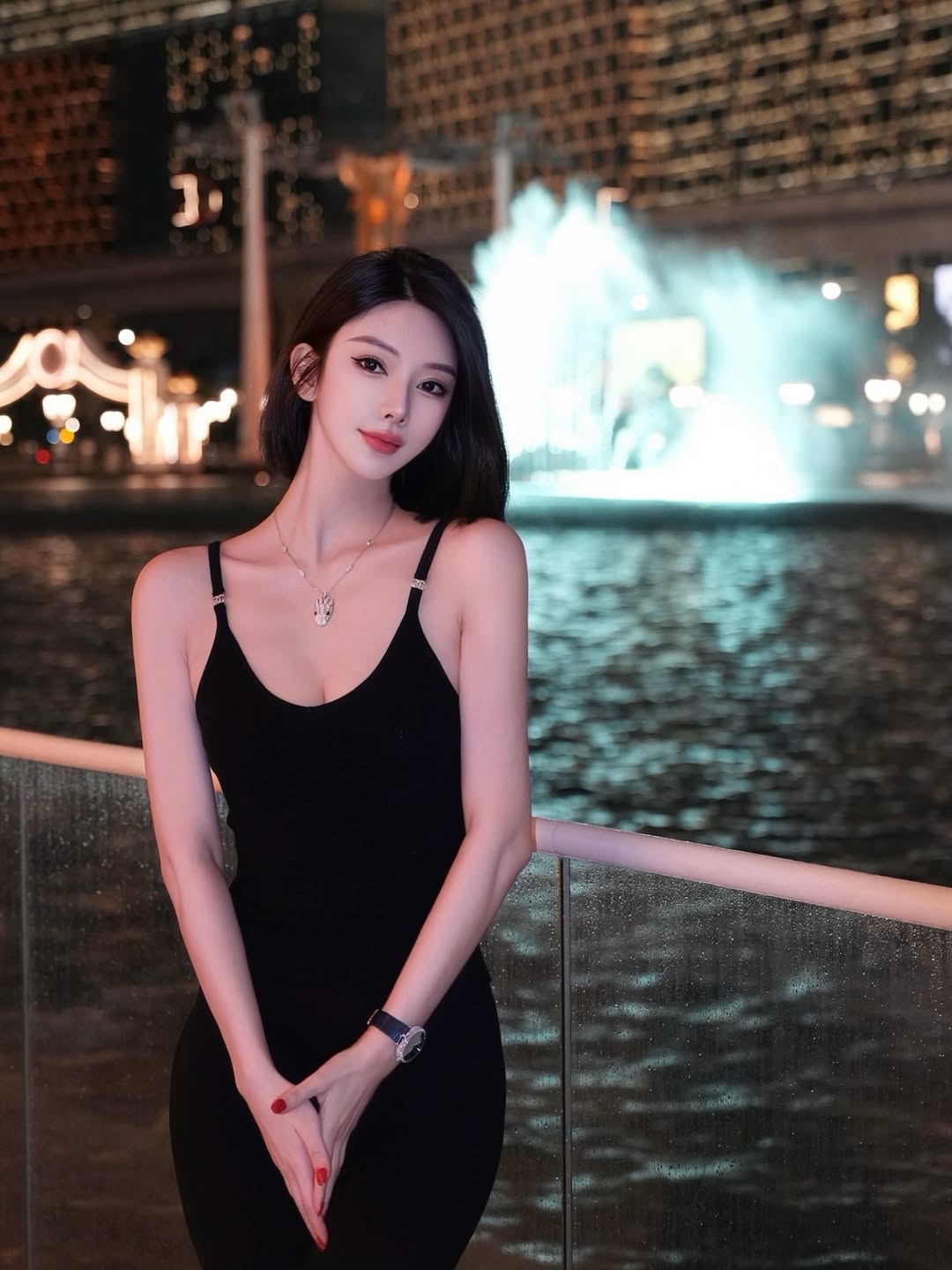 夜色阑珊中，孔天天展现修长身材和姣好面容